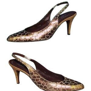 Donald Pliner Bronze Metallic Linen Gator Silver Cork Pump Shoe New $275 NIB